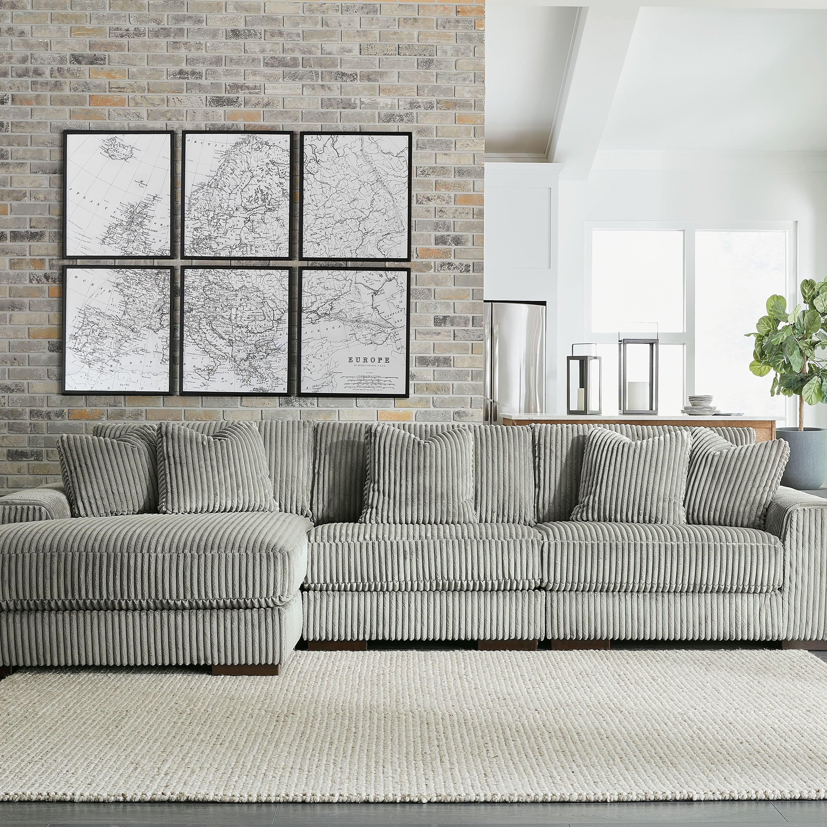 Grey Corduroy L‑Shaped Sectional Sofa with Chaise Lounge